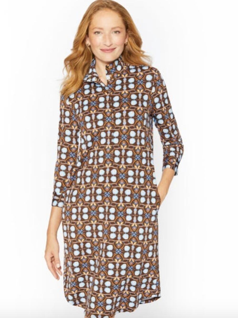 J. Mclaughlin Berlin Dress Atlas Tile Blue Brown Catalina Cloth Sz M $238 {Bb39}